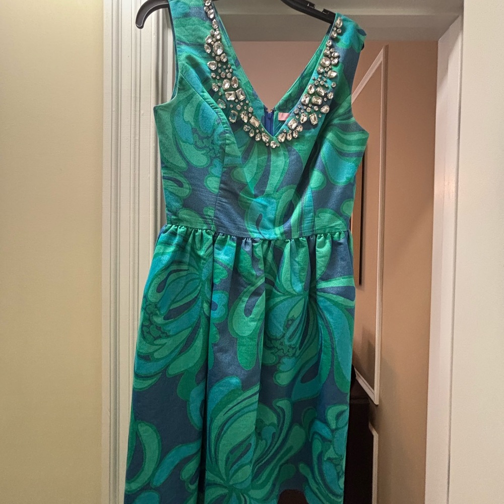 Lilly Pulitzer Elegant Green and blue Dress with Gem Detail